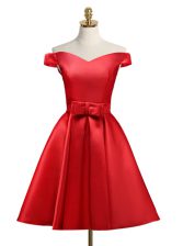 Gorgeous Off The Shoulder Sleeveless Evening Dress Knee Length Bowknot Red Satin