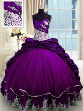 Delicate Purple Quinceanera Dress Military Ball and Sweet 16 and Quinceanera with Beading and Appliques and Pick Ups Sweetheart Sleeveless Brush Train Lace Up