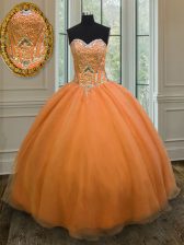  Floor Length Orange Sweet 16 Dress Organza Sleeveless Beading