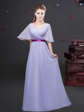  Ruching and Belt Damas Dress Lavender Zipper Half Sleeves Floor Length
