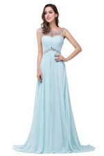  Scoop With Train Light Blue Prom Gown Chiffon Brush Train Sleeveless Beading