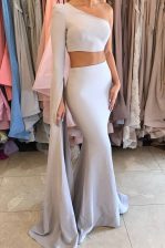 Sweet Mermaid One Shoulder Long Sleeves Side Zipper Dress for Prom Silver Elastic Woven Satin