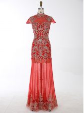 Discount Red Mermaid Chiffon High-neck Cap Sleeves Beading and Appliques Floor Length Backless Prom Evening Gown