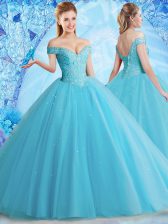 Fantastic Floor Length Aqua Blue Ball Gown Prom Dress Off The Shoulder Sleeveless Lace Up