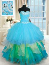  Ruffled Sweetheart Sleeveless Lace Up Sweet 16 Dress Multi-color Organza