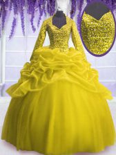 Fitting Yellow Organza Zipper V-neck Long Sleeves Floor Length Quinceanera Dress Sequins and Pick Ups