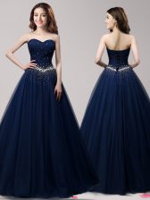 Noble Navy Blue Lace Up Prom Dresses Beading Sleeveless Floor Length