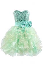Glorious Green Ball Gowns Beading and Bowknot Prom Dresses Lace Up Organza Sleeveless Knee Length