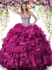  Fuchsia Quinceanera Dress Military Ball and Sweet 16 and Quinceanera with Beading and Ruffles Sweetheart Sleeveless Lace Up