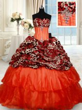 Fine Orange Red Sleeveless Brush Train Beading Quince Ball Gowns