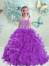  Straps Floor Length Eggplant Purple Kids Formal Wear Organza Sleeveless Beading and Ruffles