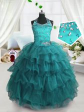  Turquoise Little Girl Pageant Gowns Party and Wedding Party with Beading and Ruffled Layers Spaghetti Straps Sleeveless Lace Up