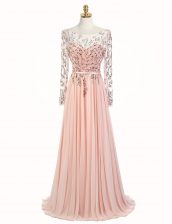 Fashion Backless Scoop Long Sleeves Homecoming Dress With Train Sweep Train Beading Peach Chiffon