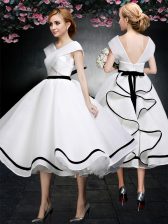 Flare White Chiffon Zipper Evening Dress Cap Sleeves Tea Length Lace