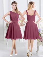  Sleeveless Knee Length Ruching Zipper Quinceanera Dama Dress with Burgundy
