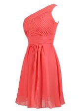  One Shoulder Sleeveless Prom Evening Gown Knee Length Ruffles Watermelon Red Chiffon