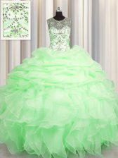 Ideal Scoop See Through Sleeveless Floor Length Beading and Ruffles and Pick Ups Lace Up Sweet 16 Quinceanera Dress