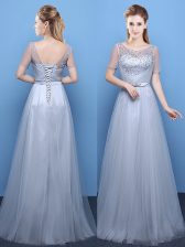  Scoop Short Sleeves Tulle Prom Dress Beading Lace Up