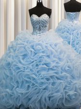 Edgy Brush Train Baby Blue Ball Gowns Beading and Pick Ups Sweet 16 Dresses Lace Up Fabric With Rolling Flowers Sleeveless