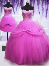 Vintage Three Piece Lilac Ball Gowns Sweetheart Sleeveless Tulle Floor Length Lace Up Beading and Bowknot 15th Birthday Dress