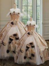  Champagne Organza and Lace Clasp Handle Off The Shoulder Sleeveless Floor Length Quinceanera Gowns Lace and Ruffles and Hand Made Flower