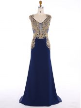 Modern Mermaid Appliques Prom Evening Gown Navy Blue Zipper Sleeveless Sweep Train