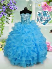 Amazing Strapless Sleeveless Kids Formal Wear Floor Length Beading and Ruffled Layers and Sequins Baby Blue Organza