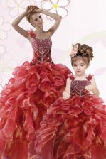Wonderful One Shoulder Coral Red Sleeveless Beading and Ruffles Floor Length Quinceanera Dresses
