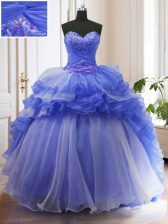 Adorable Organza Sweetheart Sleeveless Court Train Lace Up Beading and Ruffled Layers Quinceanera Dress in Blue