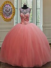 Attractive Scoop Floor Length Watermelon Red Quinceanera Gown Tulle Sleeveless Beading
