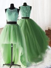  Three Piece Lace With Train Yellow Green Quinceanera Dress Scoop Sleeveless Brush Train Zipper