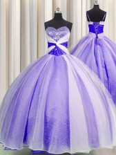  Lavender Lace Up Spaghetti Straps Beading and Sequins and Ruching 15th Birthday Dress Organza Sleeveless