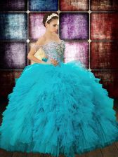 Charming Sequins Ball Gowns Quinceanera Gowns Aqua Blue Off The Shoulder Tulle Sleeveless Floor Length Zipper