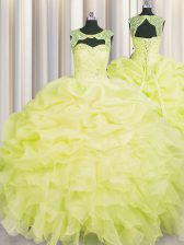 Top Selling Yellow Scoop Neckline Beading and Pick Ups Quinceanera Gown Sleeveless Lace Up