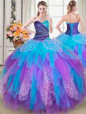 Fine Tulle Sweetheart Sleeveless Lace Up Beading and Ruffles 15th Birthday Dress in Multi-color