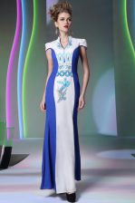  Blue And White Cap Sleeves Chiffon Zipper Dress for Prom for Prom and Party
