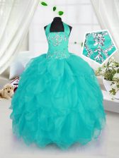 Halter Top Aqua Blue Organza Lace Up Little Girl Pageant Gowns Sleeveless Floor Length Beading