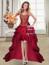 Sumptuous Sleeveless High Low Beading and Appliques and Pick Ups Lace Up Prom Evening Gown with Wine Red