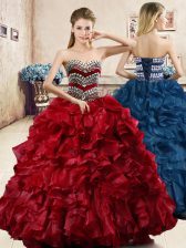  Sleeveless Floor Length Beading and Ruffles Lace Up Sweet 16 Dress with Wine Red