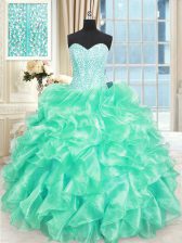 Super Sweetheart Sleeveless Sweet 16 Quinceanera Dress Floor Length Beading and Ruffles Turquoise Organza