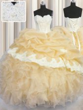  Gold Ball Gowns Sweetheart Sleeveless Organza Floor Length Lace Up Beading and Appliques and Ruffles and Pick Ups Ball Gown Prom Dress