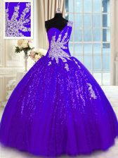 Best Selling One Shoulder Appliques Sweet 16 Quinceanera Dress Purple Lace Up Sleeveless Floor Length