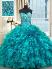  Teal Sleeveless Organza Brush Train Lace Up Vestidos de Quinceanera for Military Ball and Sweet 16 and Quinceanera