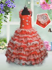  Floor Length Lace Up Little Girls Pageant Dress Wholesale Coral Red for Party and Wedding Party with Beading and Appliques and Ruffled Layers