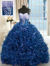  With Train Navy Blue 15 Quinceanera Dress Organza Brush Train Sleeveless Beading and Ruffles
