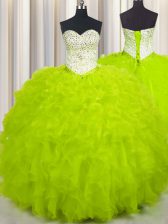 Elegant Yellow Green Ball Gowns Sweetheart Sleeveless Tulle Floor Length Lace Up Beading and Ruffles Ball Gown Prom Dress