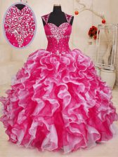  White And Red Ball Gowns Beading and Ruffles Vestidos de Quinceanera Lace Up Organza Sleeveless Floor Length