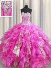 Luxury Sequins Visible Boning Fuchsia Sleeveless Organza and Sequined Lace Up Vestidos de Quinceanera for Military Ball and Sweet 16 and Quinceanera
