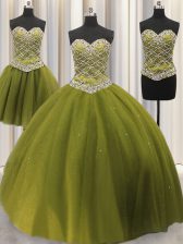 Stylish Three Piece Sequins Floor Length Olive Green Vestidos de Quinceanera Sweetheart Sleeveless Lace Up