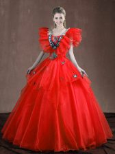 Red Sweetheart Lace Up Appliques and Ruffles Quinceanera Dress Sleeveless